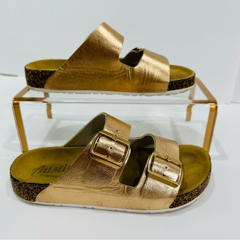 🩷 AUSTIN TRADING CO. WOMENS ROSE GOLD DUAL STRAP CORK SLIDES SIZE 7 GOOD - Picture 9 of 13